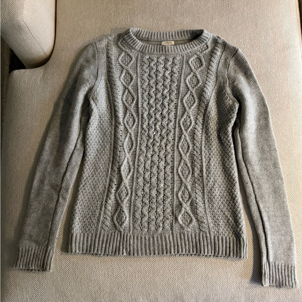 J. Crew Women's Gray Cable Knit Sweater w Rhinestone Detailing